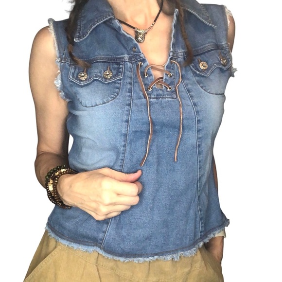 Vtg 90’s Y2K Periscope Denim Boho Top Shirt Sz M Corset Neckline Casual Western - Picture 1 of 8